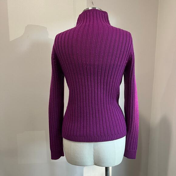 Magaschoni 100% Merino Wool Sweater Cable Knit Fisherman Purple Mock Neck Sz S - Picture 3 of 8